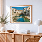 Spanish white town and river paint by numbers artwork displayed on wall as home decor