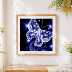Finished sparkling blue crystal butterfly paint by numbers artwork displayed as home decor