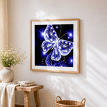 Sparkling blue crystal butterfly paint by numbers artwork displayed on wall as home decor