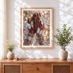 Finished sparkling hands with hearts and butterflies cross stitch artwork displayed