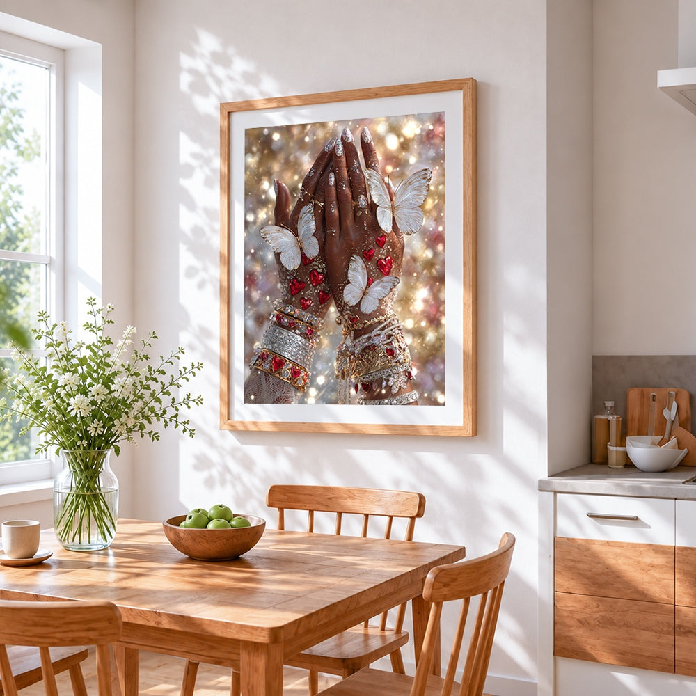 Sparkling hands with hearts and butterflies cross stitch artwork displayed on wall as home decor