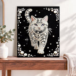 Finished sparkling pearl cat pearl diamond painting artwork displayed as home decor