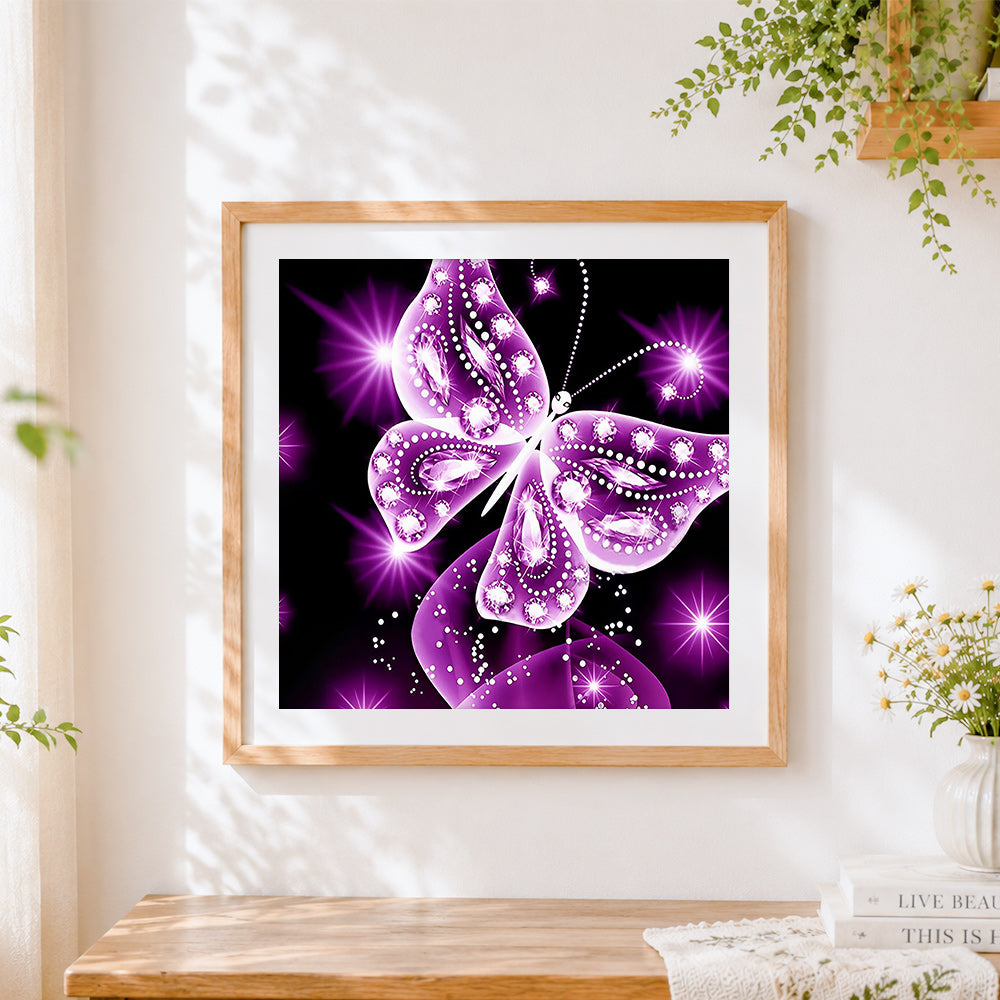 Finished sparkling purple crystal butterfly paint by numbers artwork displayed as home decor