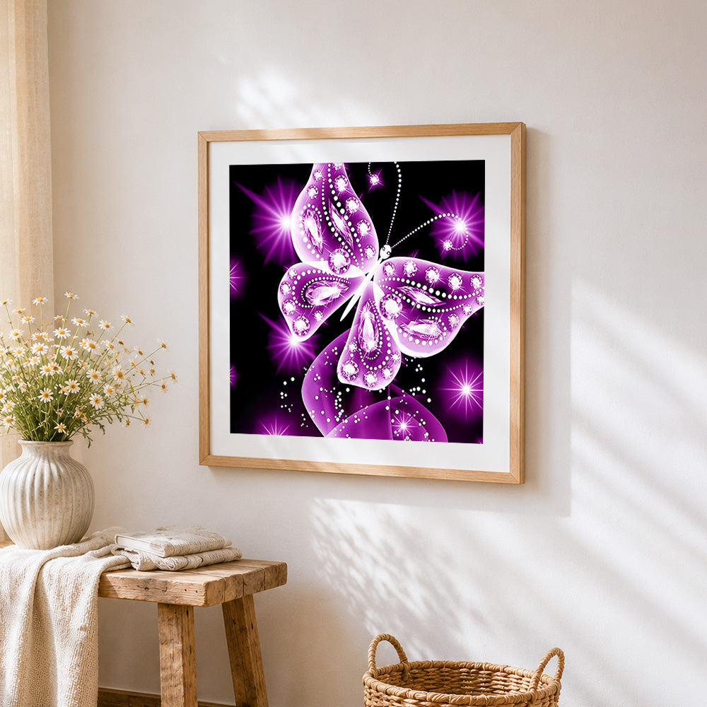 Sparkling purple crystal butterfly paint by numbers artwork displayed on wall as home decor