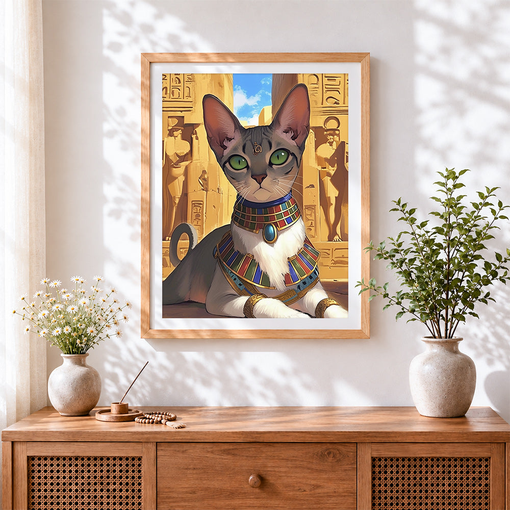 Finished sphynx cat in ancient egypt cross stitch artwork displayed