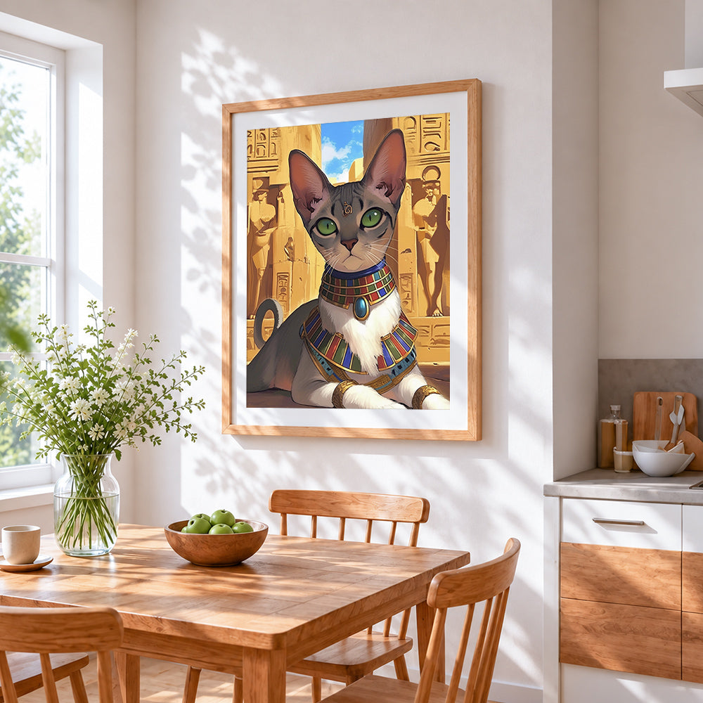 Sphynx cat in ancient egypt cross stitch artwork displayed on wall as home decor