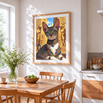 Sphynx cat in ancient egypt cross stitch artwork displayed on wall as home decor