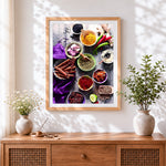 Finished spices and herbs photography cross stitch artwork displayed