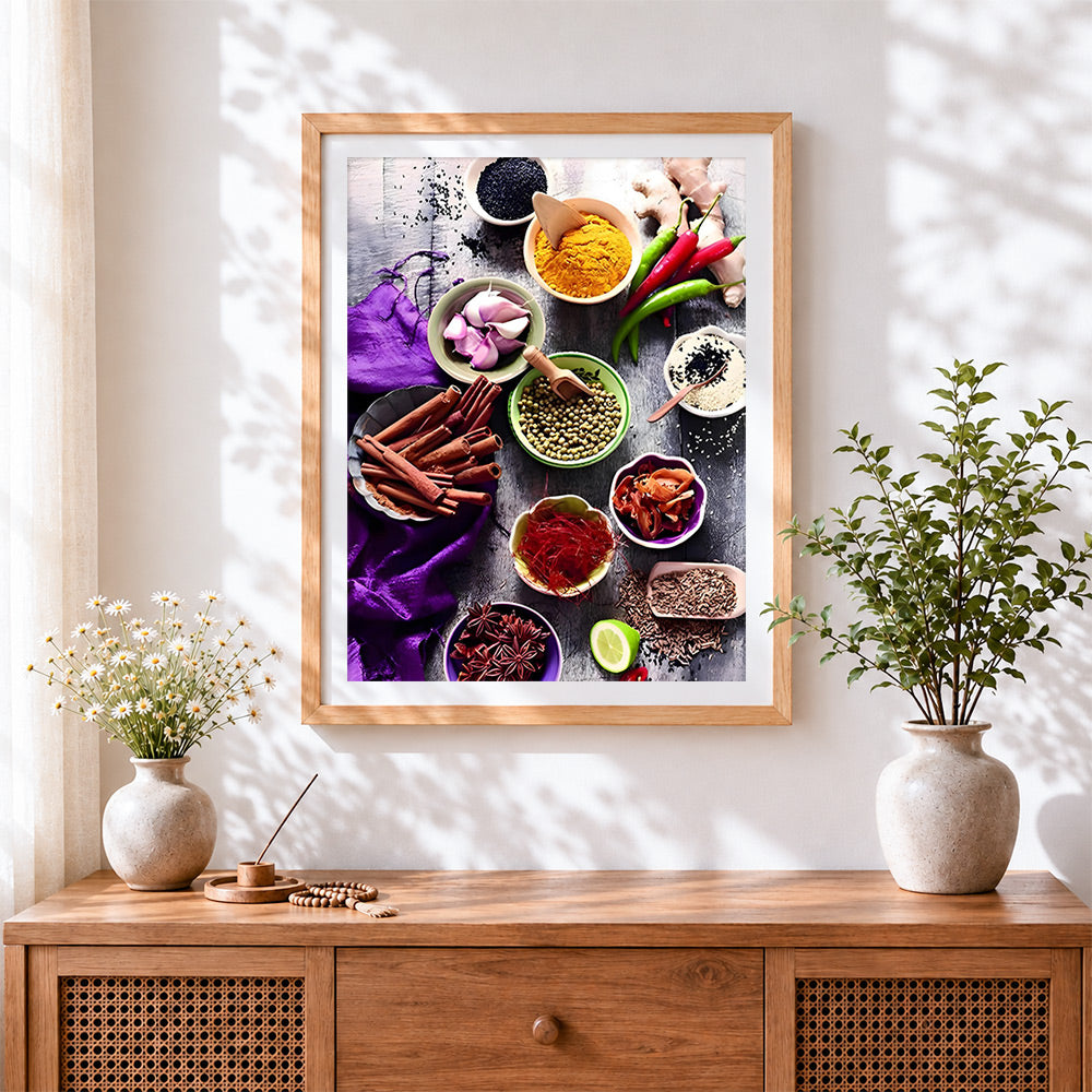 Finished spices and herbs photography cross stitch artwork displayed