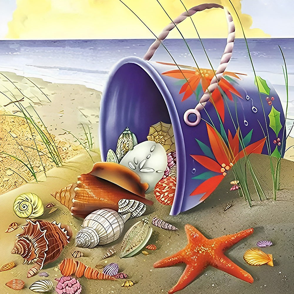 Spilled bucket of seashells on the sand cross stitch kit for beginners