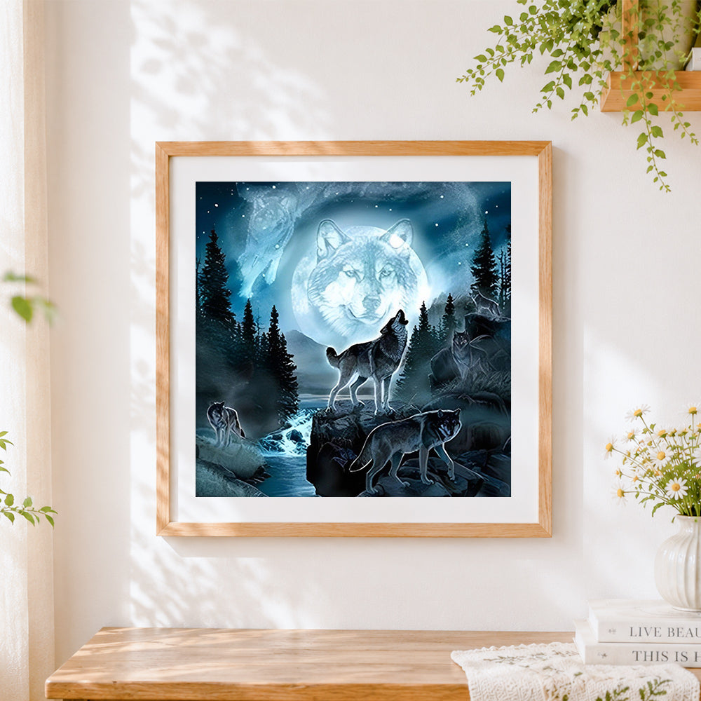 Finished spirit wolf in the moonlight cross stitch artwork displayed