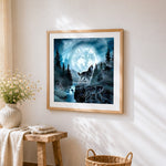 Spirit wolf in the moonlight cross stitch artwork displayed on wall as home decor