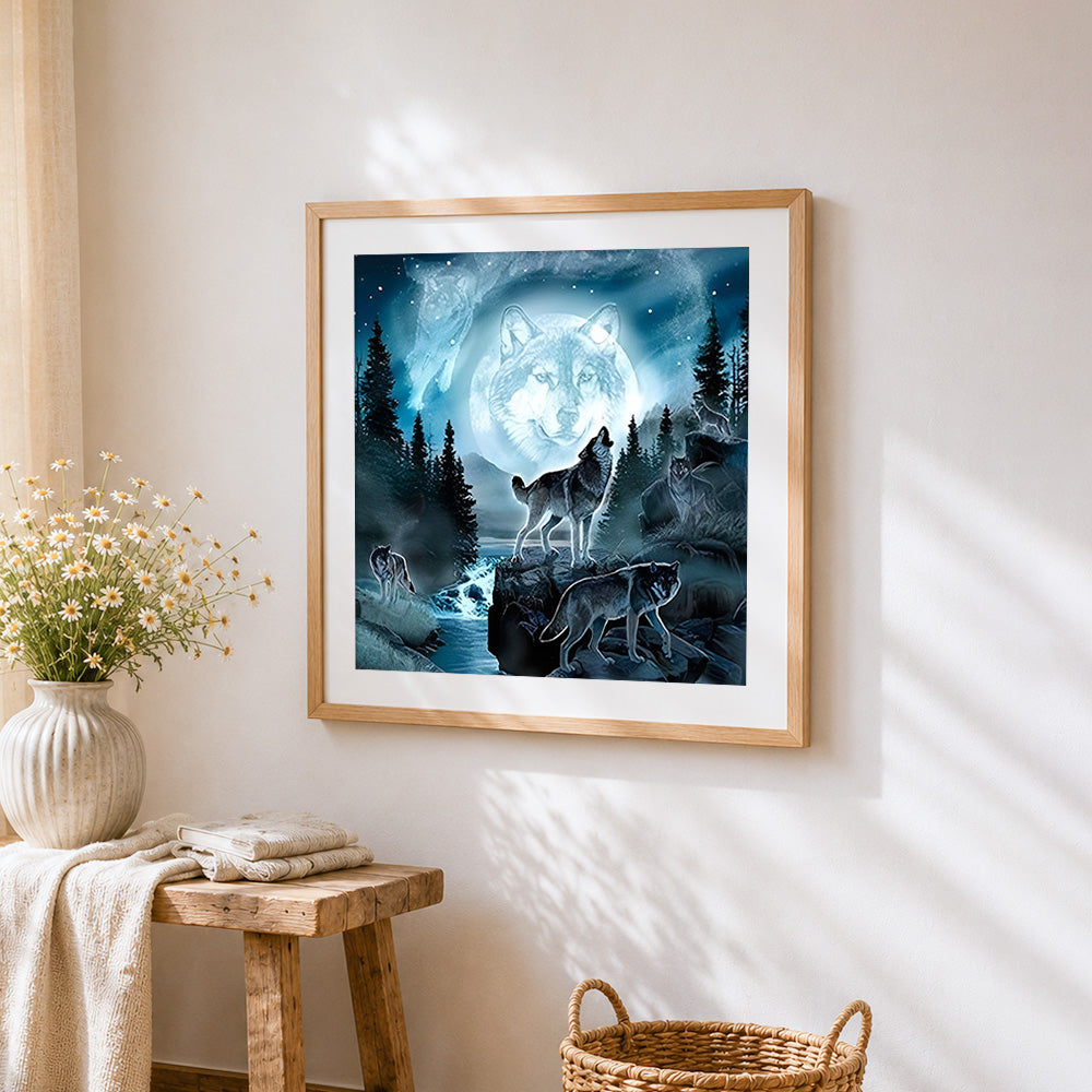 Spirit wolf in the moonlight cross stitch artwork displayed on wall as home decor