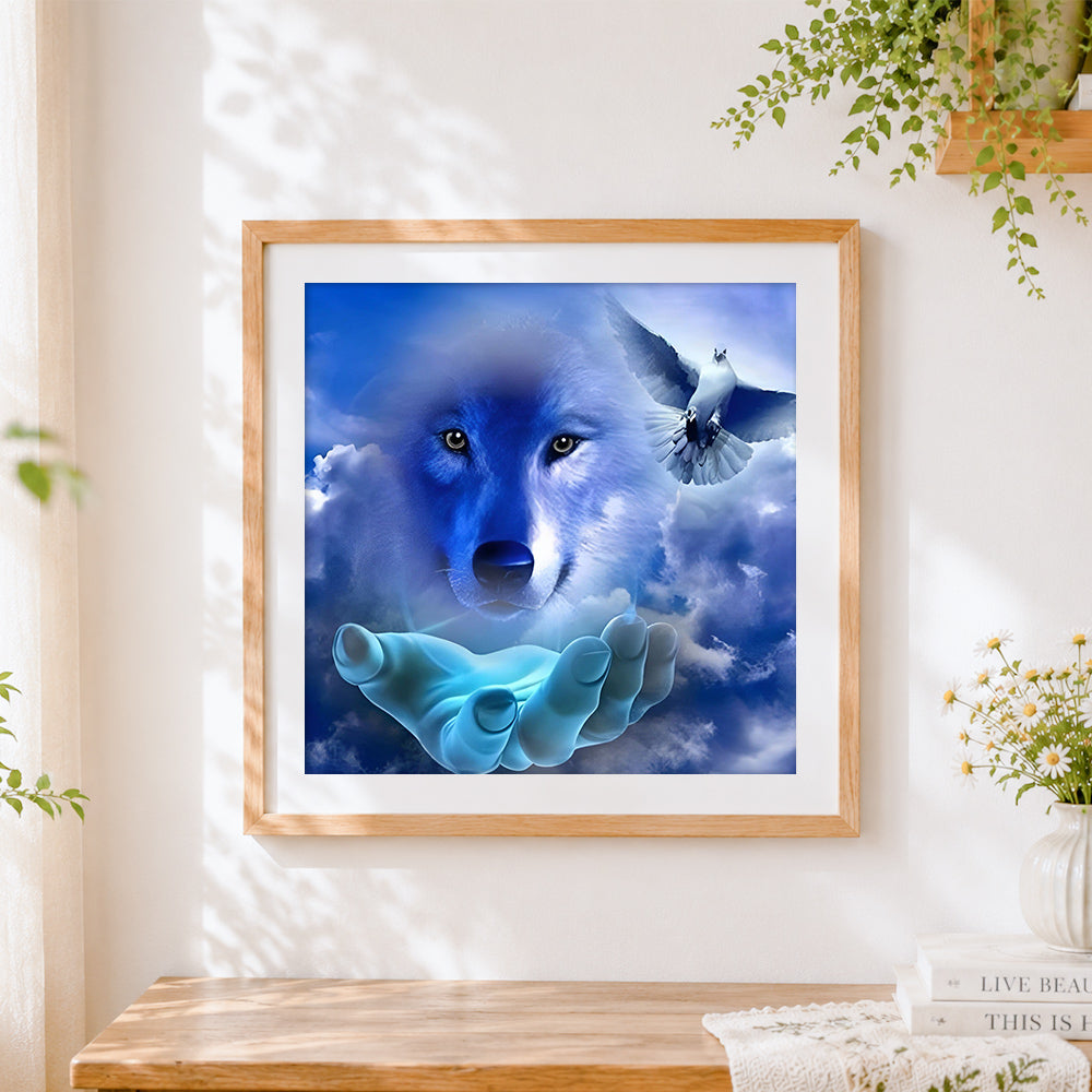 Finished spiritual wolf and dove in the clouds cross stitch artwork displayed