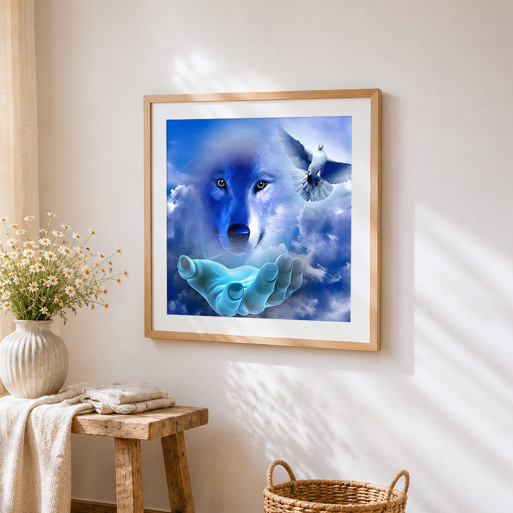 Spiritual wolf and dove in the clouds cross stitch artwork displayed on wall as home decor