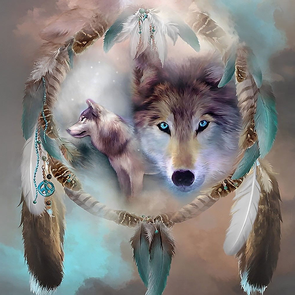 Spiritual wolf dreamcatcher cross stitch kit for beginners