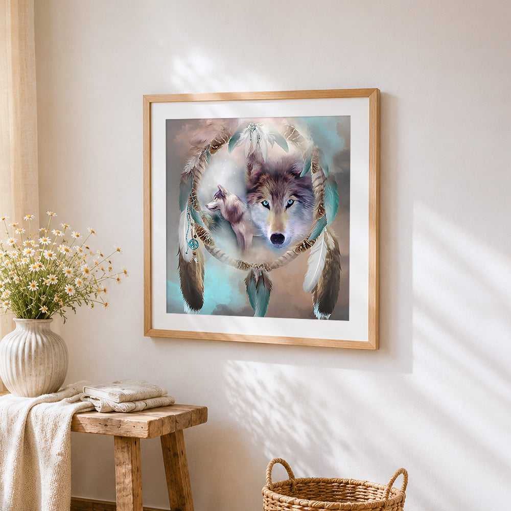 Spiritual wolf dreamcatcher cross stitch artwork displayed on wall as home decor