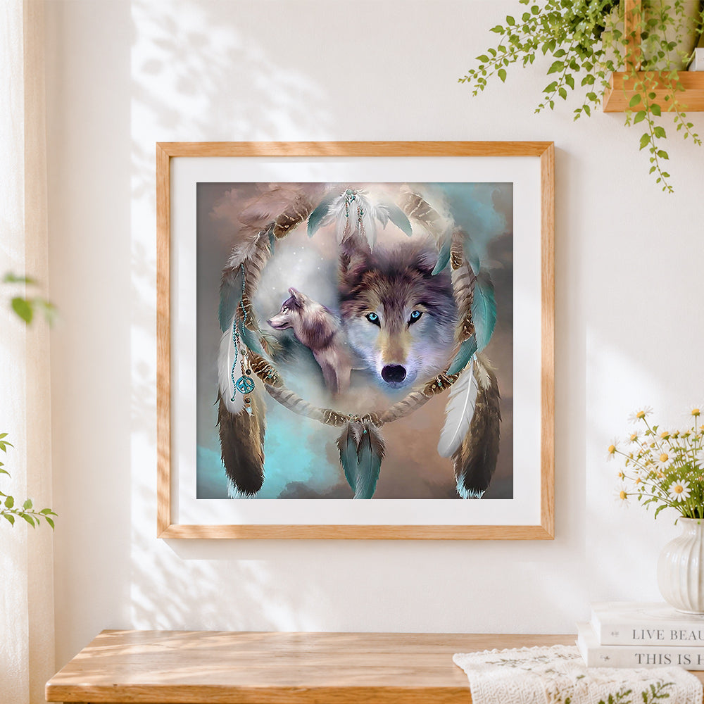 Finished spiritual wolf dreamcatcher paint by numbers artwork displayed as home decor