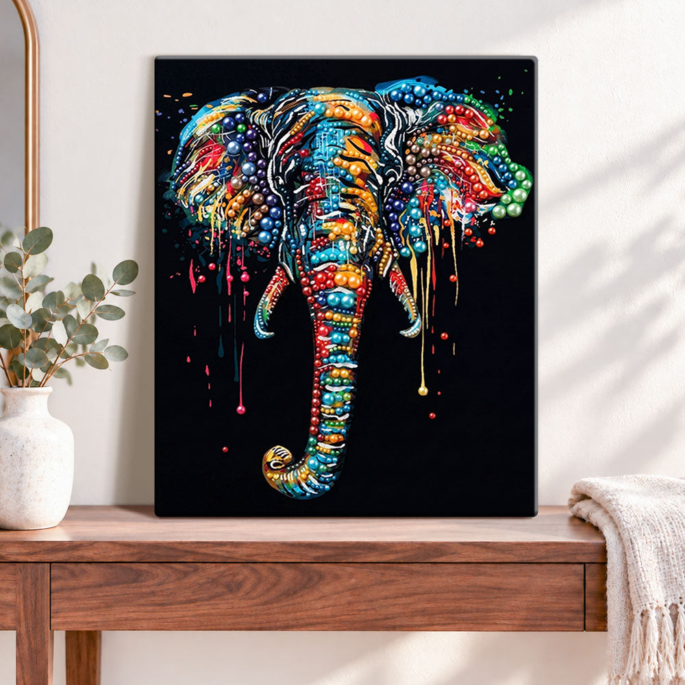 Finished splash colour elephant pearl diamond painting artwork displayed as home decor