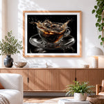 Finished splashing coffee cross stitch artwork displayed
