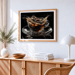 Splashing coffee cross stitch artwork displayed on wall as home decor