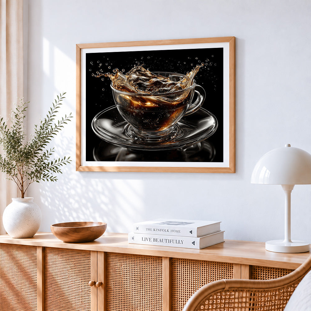 Splashing coffee paint by numbers artwork displayed on wall as home decor