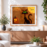 Finished spooky black cat and jacko lantern paint by numbers artwork displayed as home decor