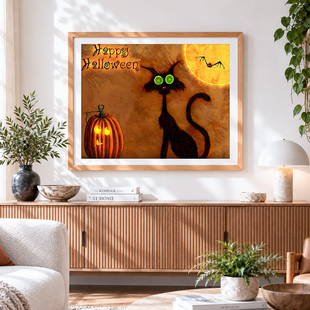 Finished spooky black cat and jacko lantern paint by numbers artwork displayed as home decor