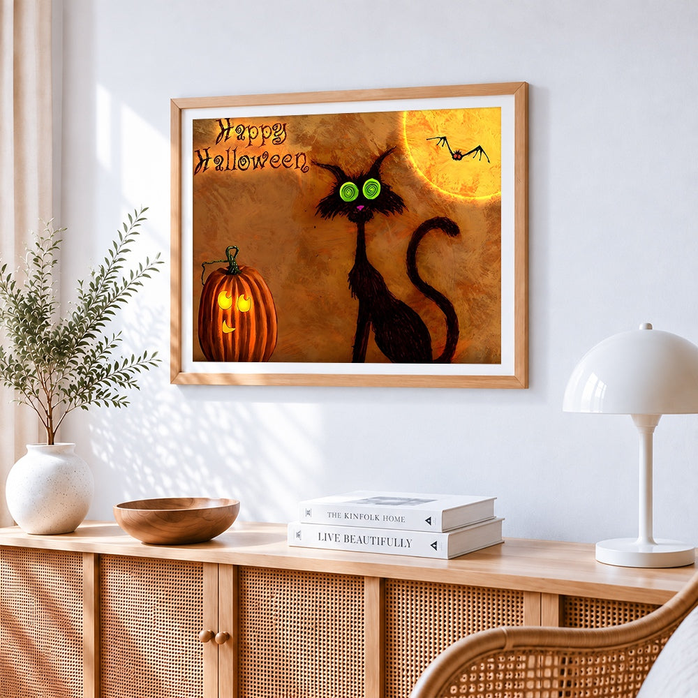Spooky black cat and jacko lantern paint by numbers artwork displayed on wall as home decor