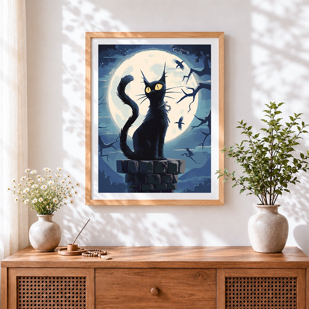 Finished spooky black cat on chimney under full moon cross stitch artwork displayed