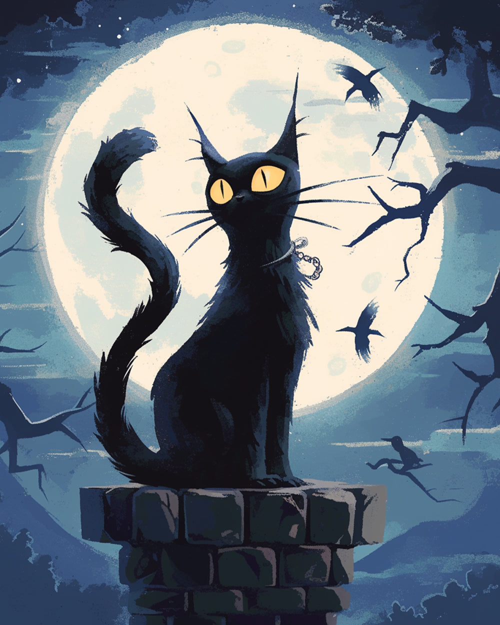 Spooky black cat on chimney under full moon cross stitch kit for beginners