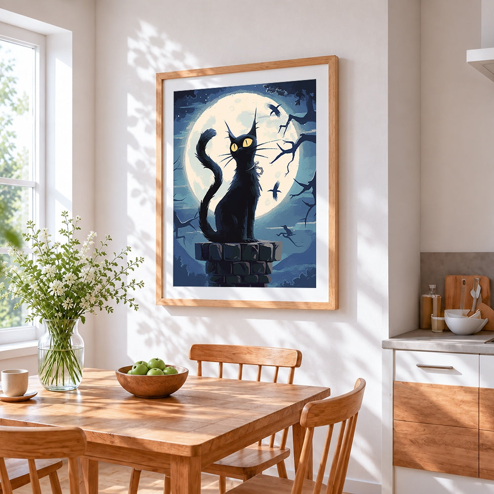 Spooky black cat on chimney under full moon cross stitch artwork displayed on wall as home decor