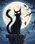 Spooky black cat on chimney under full moon paint by numbers kit for beginners