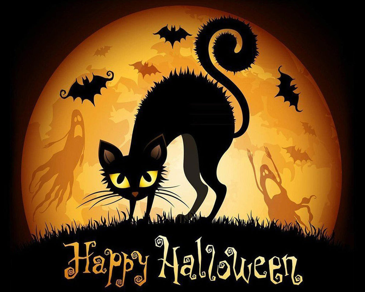 Spooky black cat silhouette with bats cross stitch kit for beginners