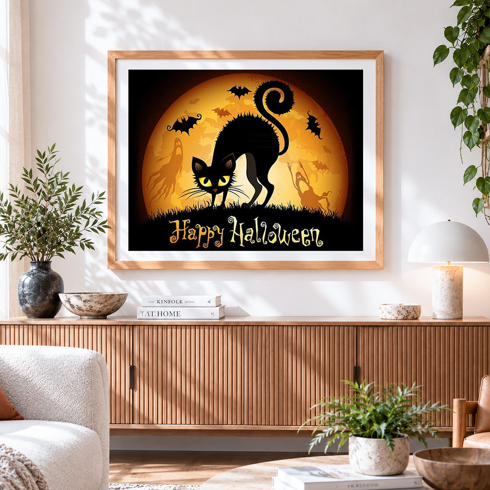 Finished spooky black cat silhouette with bats paint by numbers artwork displayed as home decor