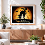 Finished spooky black cat silhouette with bats paint by numbers artwork displayed as home decor
