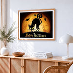 Spooky black cat silhouette with bats paint by numbers artwork displayed on wall as home decor
