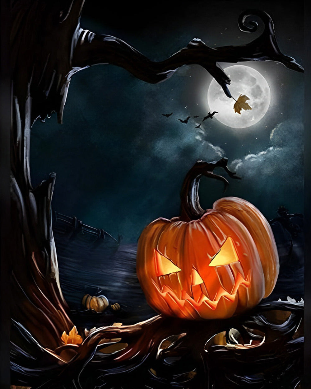 Spooky full moon and jack-o'-lantern cross stitch kit for beginners