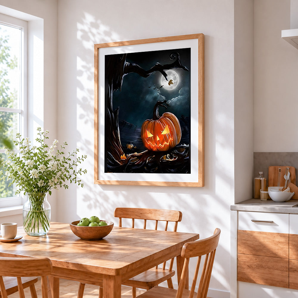 Spooky full moon and jack-o'-lantern cross stitch artwork displayed on wall as home decor