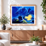 Finished spooky ghost in a graveyard by the sea paint by numbers artwork displayed as home decor