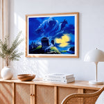 Spooky ghost in a graveyard by the sea paint by numbers artwork displayed on wall as home decor
