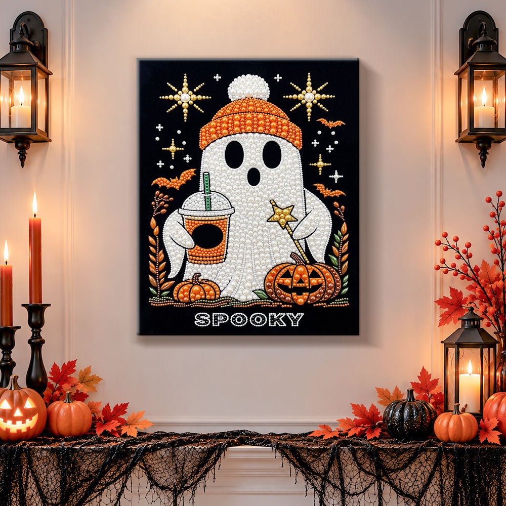 Pearl Diamond Painting Kit - Spooky Ghost with Iced Coffee
