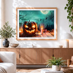 Finished spooky glowing jack o lantern with candles cross stitch artwork displayed