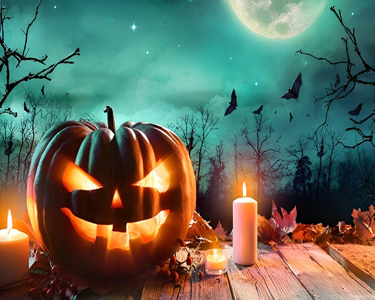 Spooky glowing jack o lantern with candles cross stitch kit for beginners