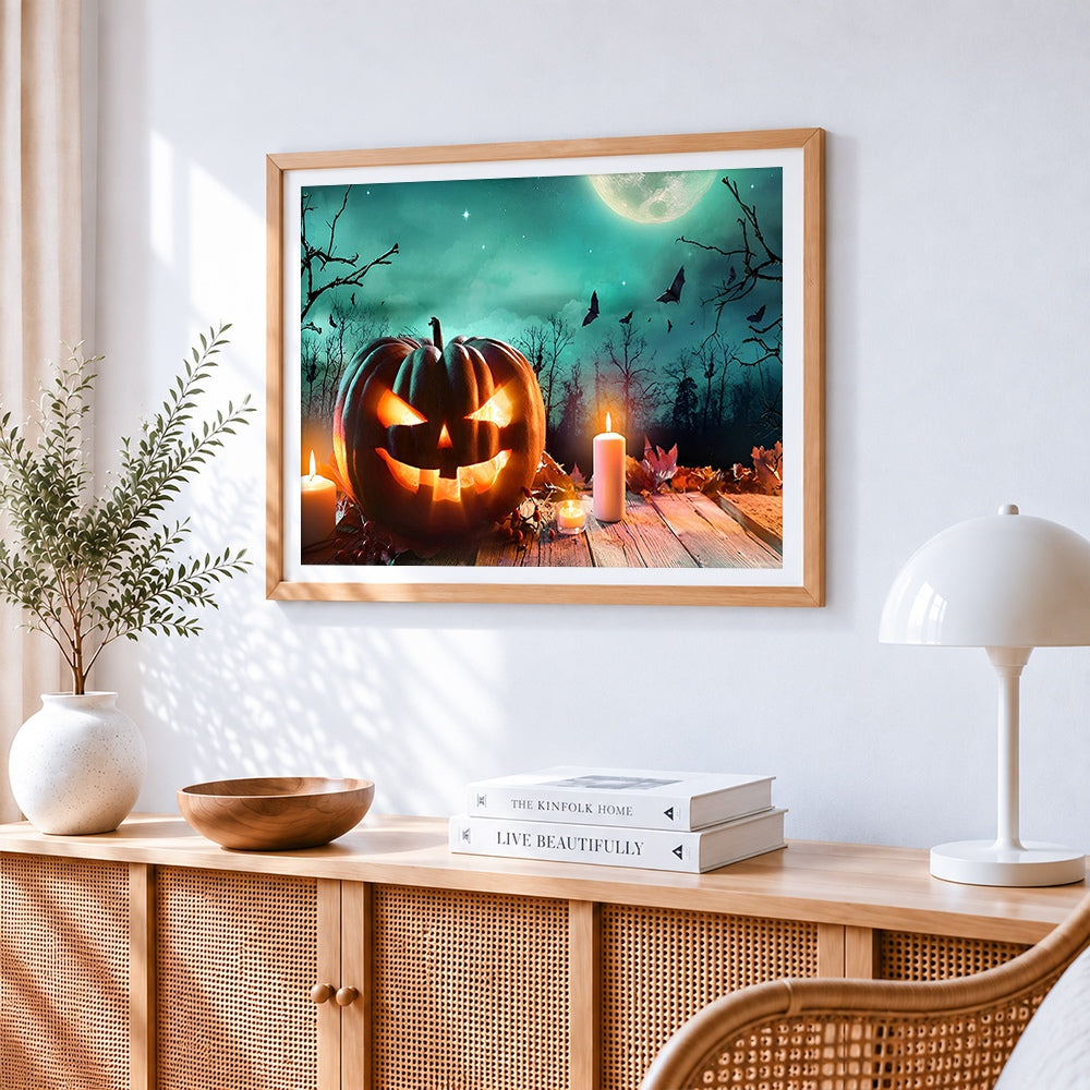 Spooky glowing jacko lantern with candles paint by numbers artwork displayed on wall as home decor