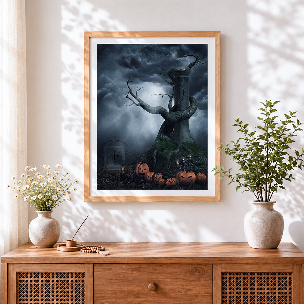 Finished spooky graveyard with twisted tree cross stitch artwork displayed