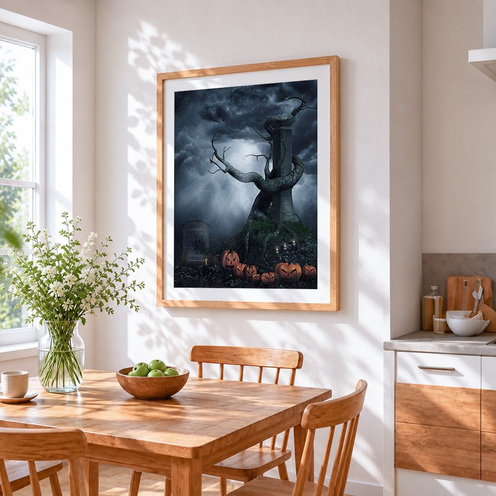Spooky graveyard with twisted tree cross stitch artwork displayed on wall as home decor
