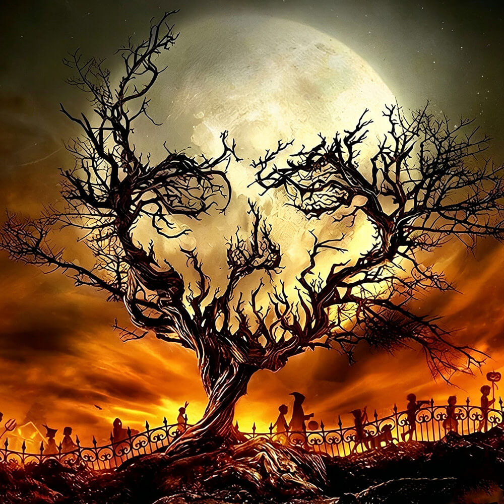 Spooky halloween tree and skull moon cross stitch kit for beginners