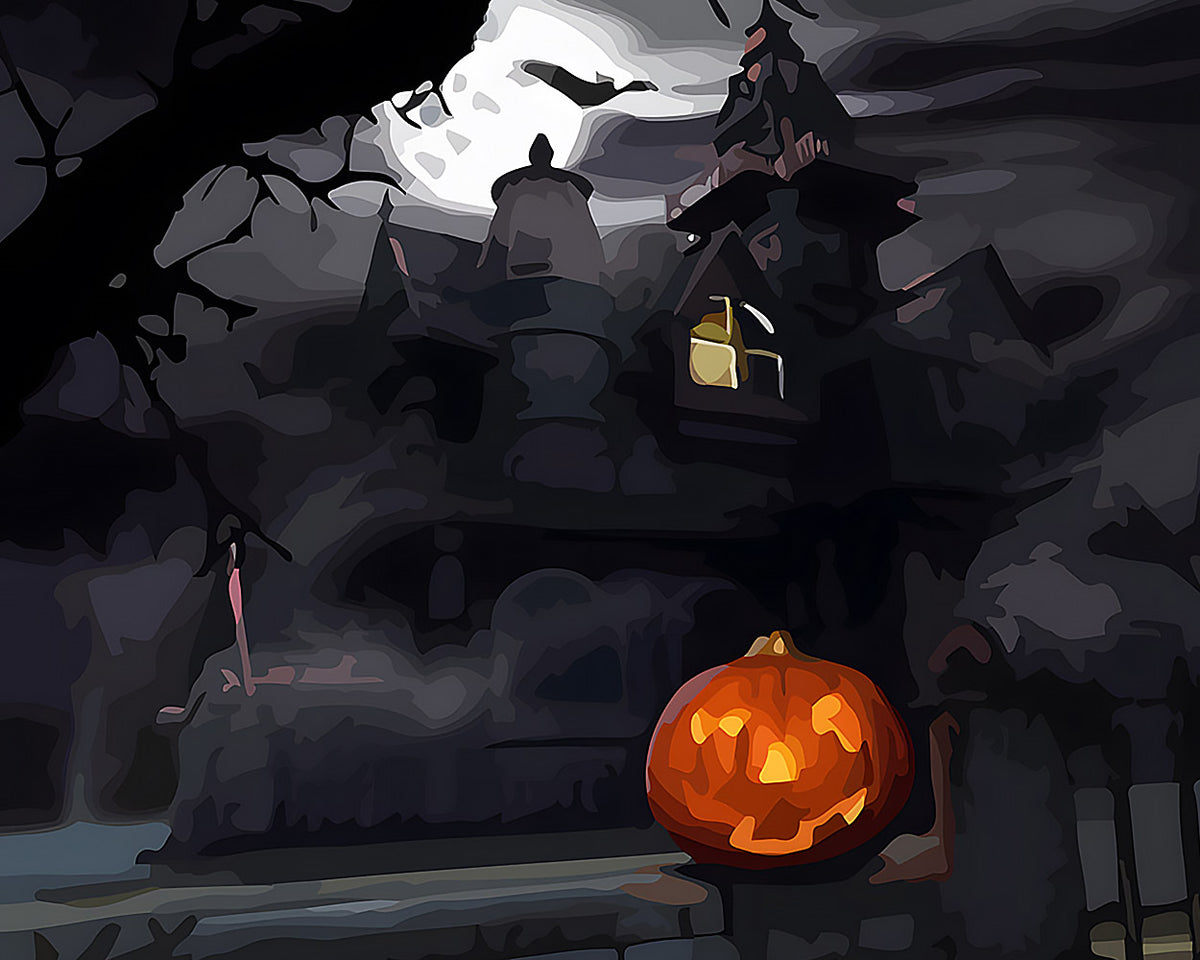 Spooky haunted house and glowing pumpkin cross stitch kit for beginners