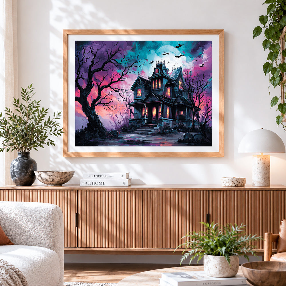 Finished spooky haunted house cross stitch artwork displayed